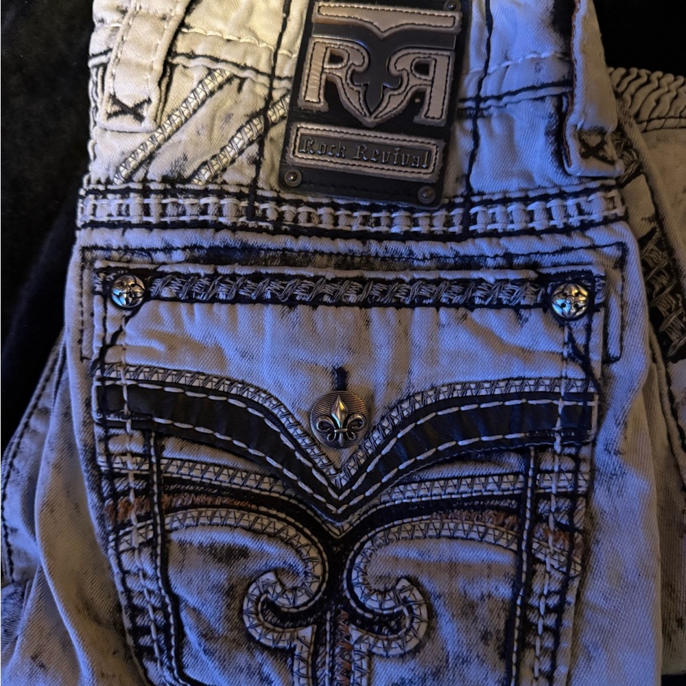 Rock Revival Bolton Biker Jeans with Black and Gray Stripes size 32 32